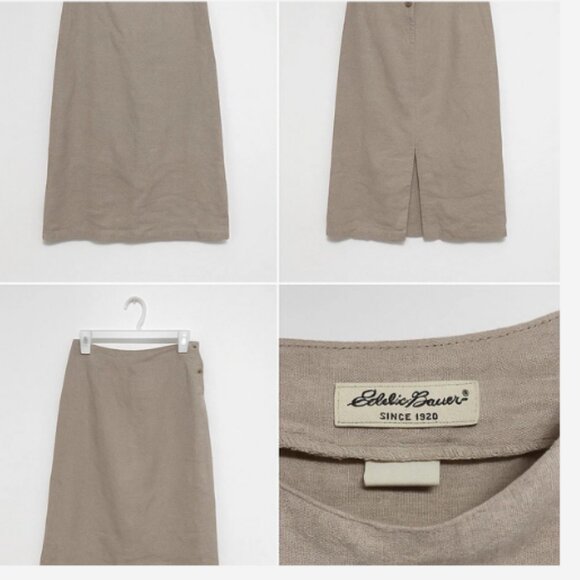 Eddie Bauer 100% Linen Skirt Petite 4 Natural Beige Side Buttons & Slit Midi - Picture 2 of 2
